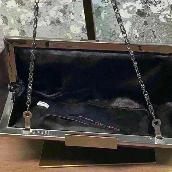 Black and Gunmetal Clutch with Removable Metal Chain Strap - Picture 5 of 7